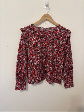 J. Crew Factory Red Floral Ruffle-Trim Blouse